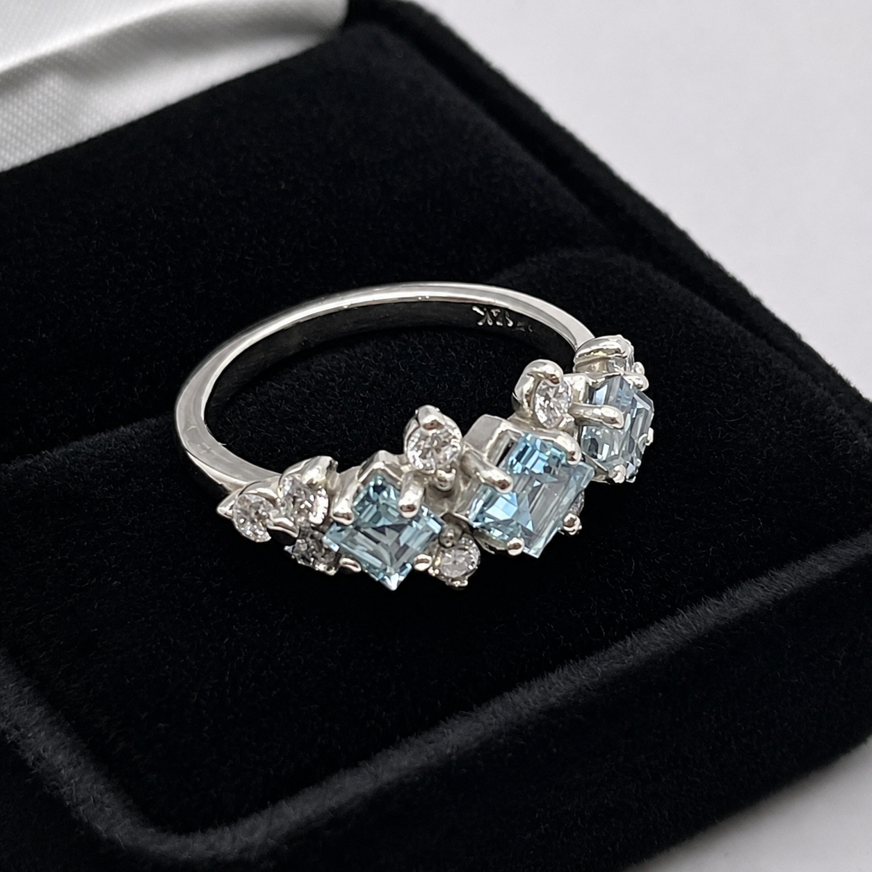 Art Deco Inspired Princess Cut Sky Blue Topaz Three Stone Ring