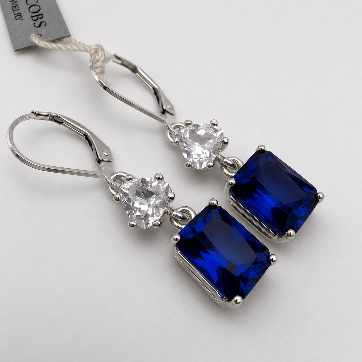 9ctw Emerald Cut Blue Sapphire & White Sapphire Dangle Earrings