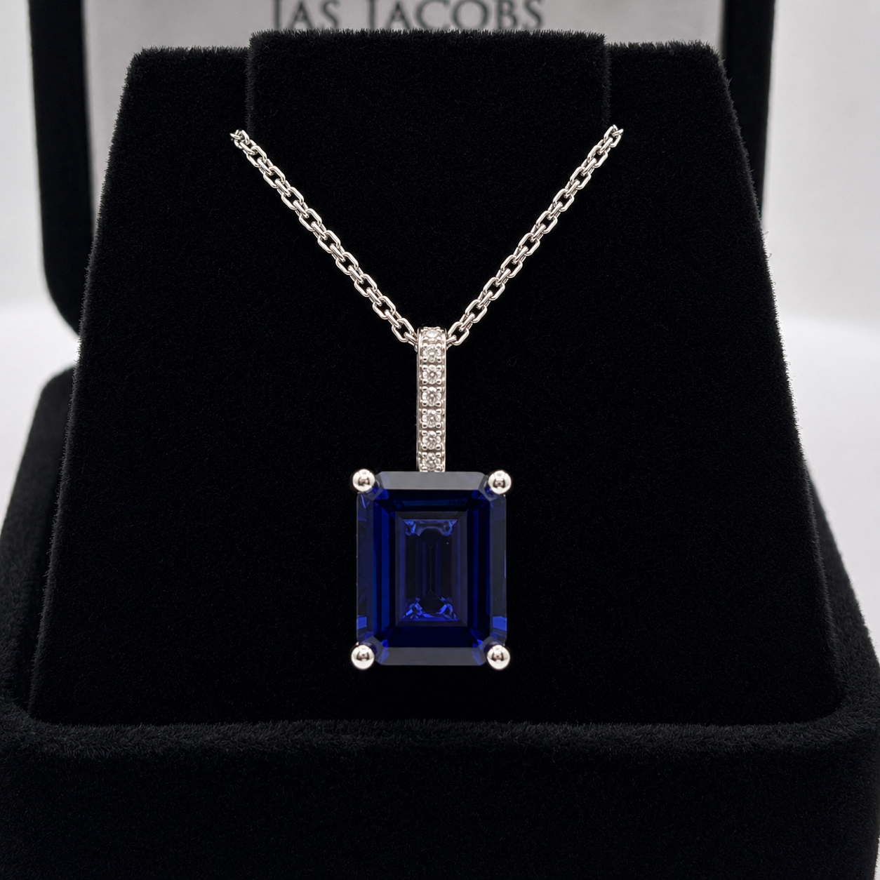 4CT Emerald Cut Blue Sapphire & Diamond Accent Necklace