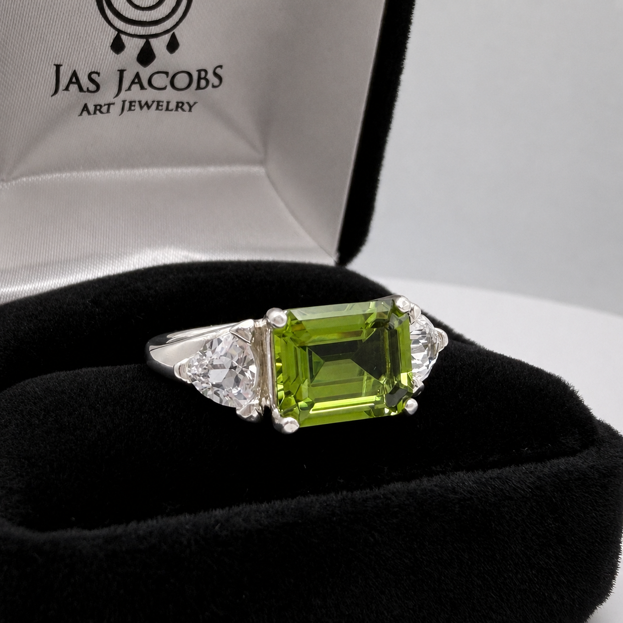 Emerald Cut Peridot & Trillion White Sapphire Art Deco Ring