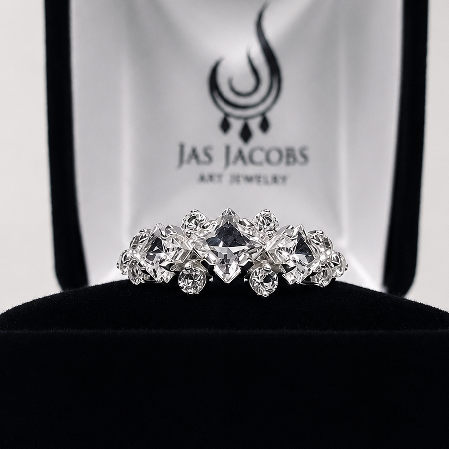 Art Deco Inspired Princess Cut White Sapphire and Diamond Three Stone Ring