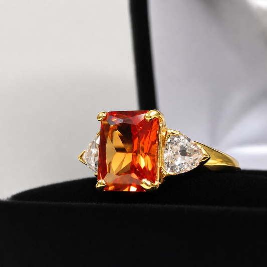 5.5ct Emerald Cut Padparadscha Sapphire Ring | Trillion Cut White Sapphire Three Stone Ring