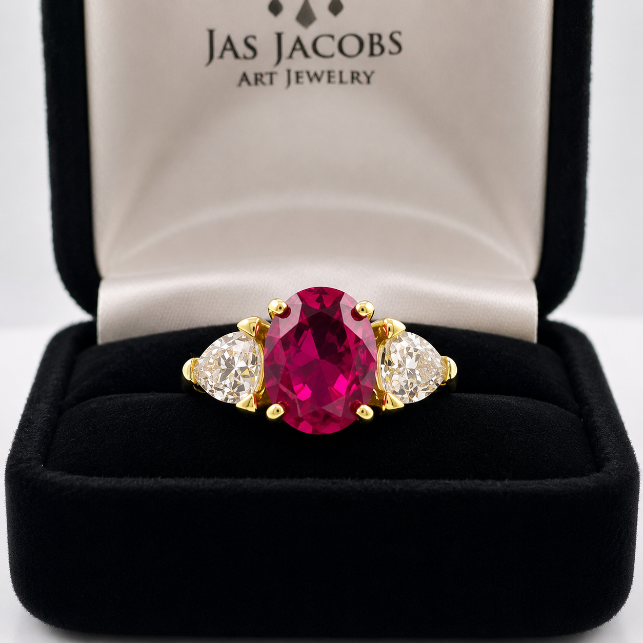 4.5ctw Oval Cut Ruby & Trillion Cut White Sapphire Three Stone Ring