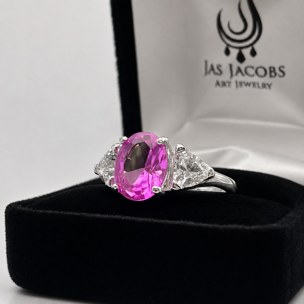 Vivid Pink Sapphire & White Sapphire Three-Stone Ring