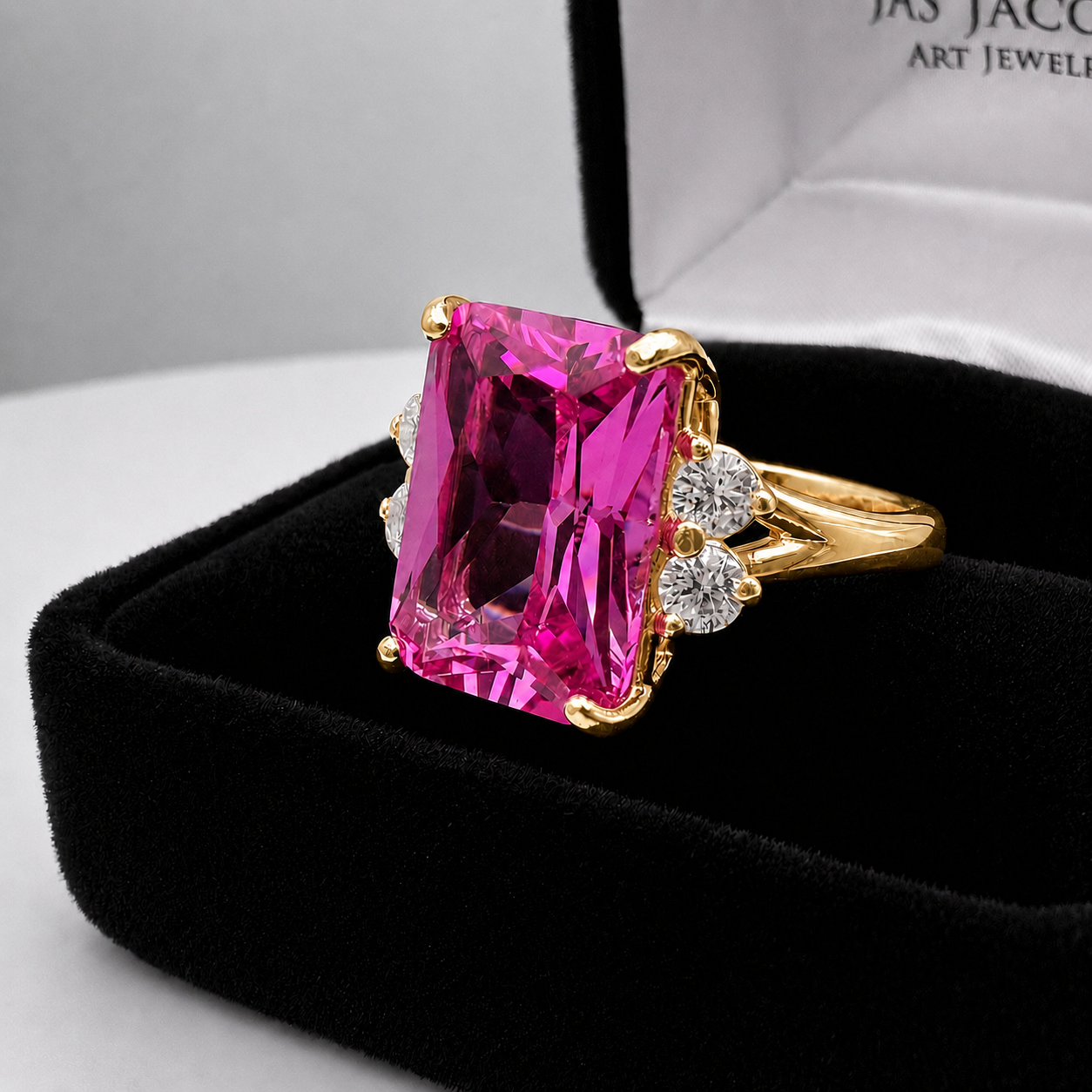 8ct Emerald Cut Pink Sapphire Ring with Diamond Accents | Available in 10k & 14k Gold or Sterling Silver