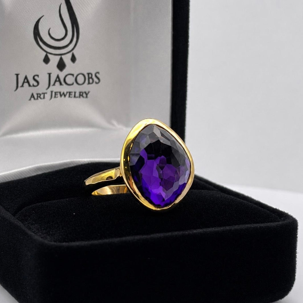 5ct Checker Cut Amethyst Ring | 18K Yellow Gold Vermeil | Modern Bezel Statement Ring