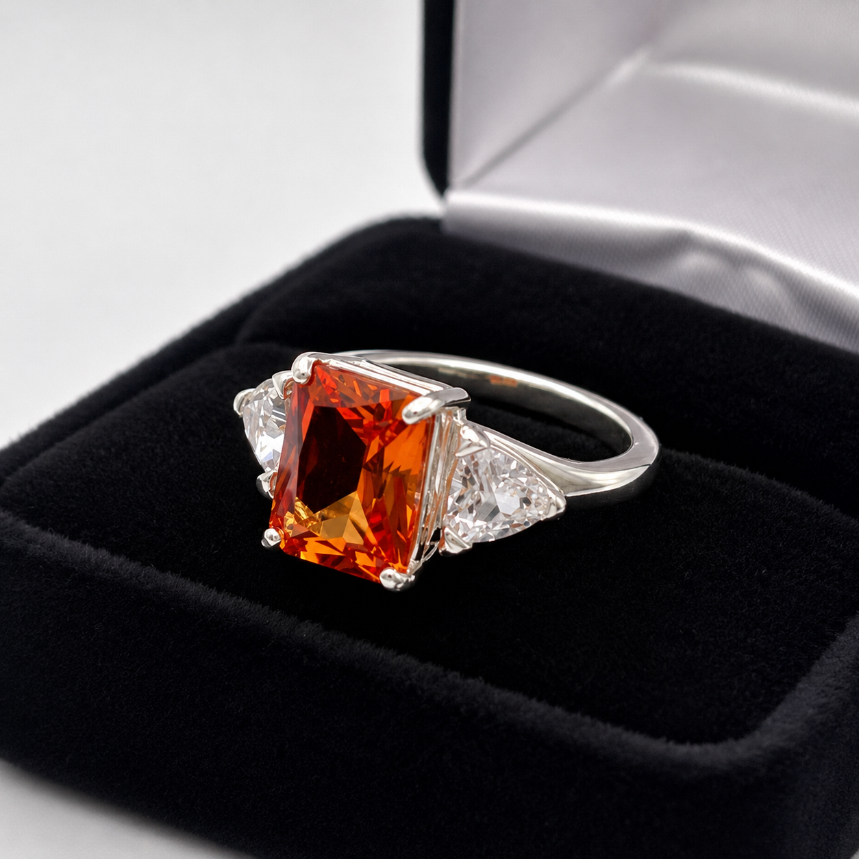 5.5ct Emerald Cut Padparadscha Sapphire Ring | Trillion Cut White Sapphire Three Stone Ring