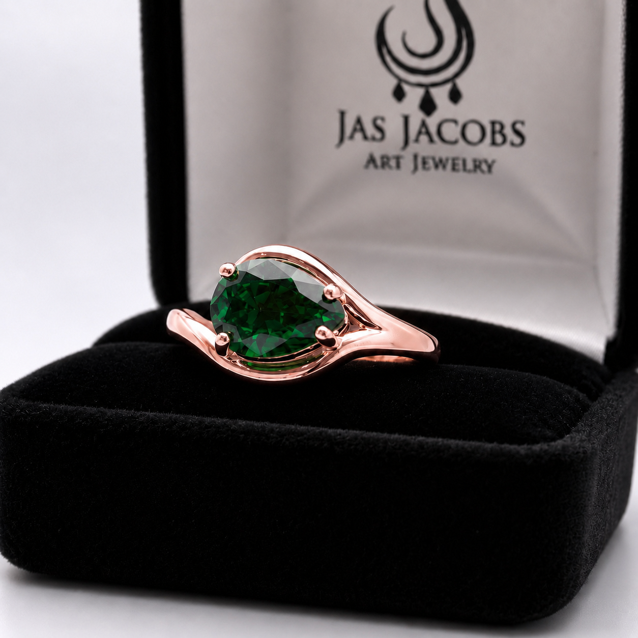 Pear Cut Emerald Ring in White Gold, Yellow Gold or Rose Gold | Side Set Emerald Solitaire Ring | Custom Made May Birthstone Ring