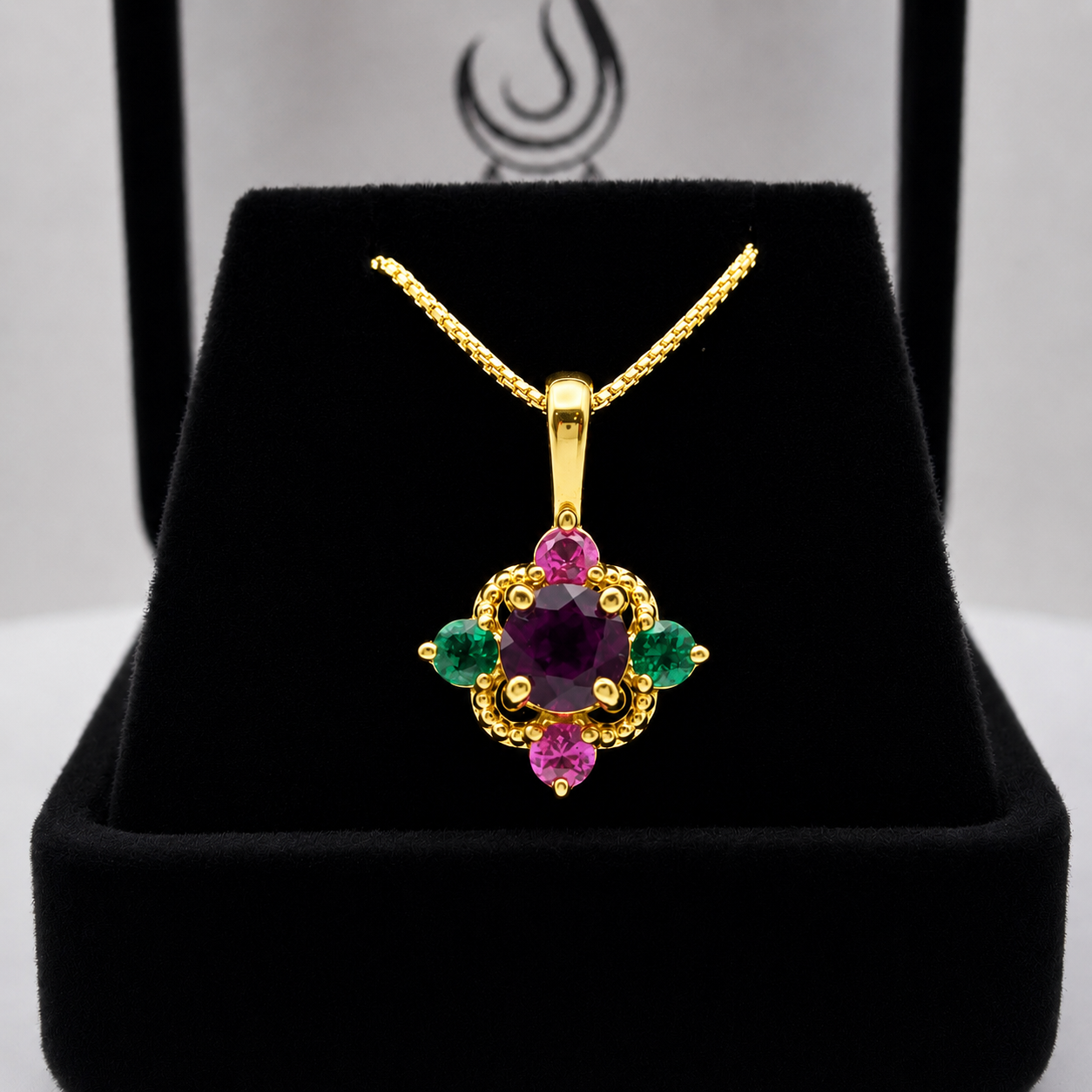 Vintage Inspired Rhodolite Garnet Pendant Necklace with Emeralds & Pink Sapphires | Heirloom Jewelry Gift | Customizable Jewelry
