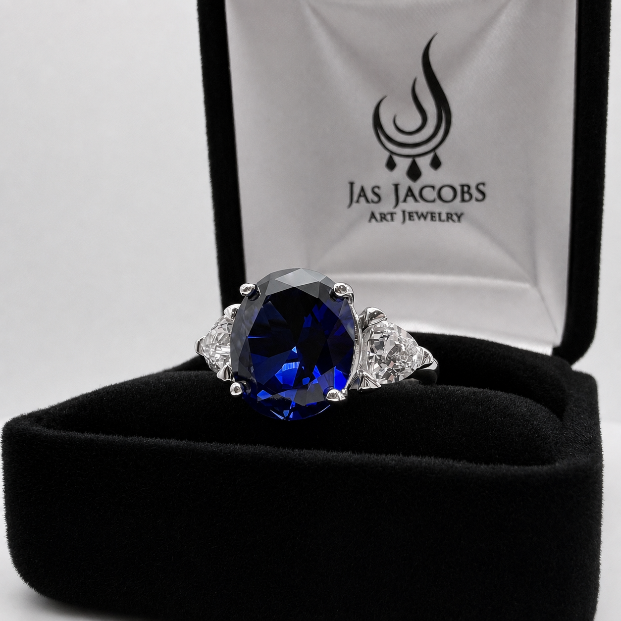 6ctw Oval Cut Blue Sapphire Three Stone Ring | Trillion Cut White Sapphires
