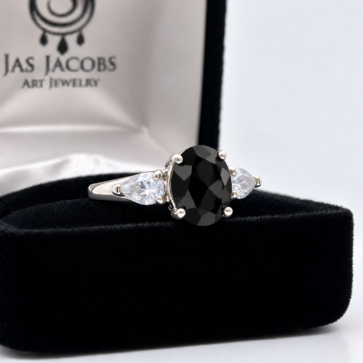 Oval Cut Faceted Black Onyx & White Sapphire Ring