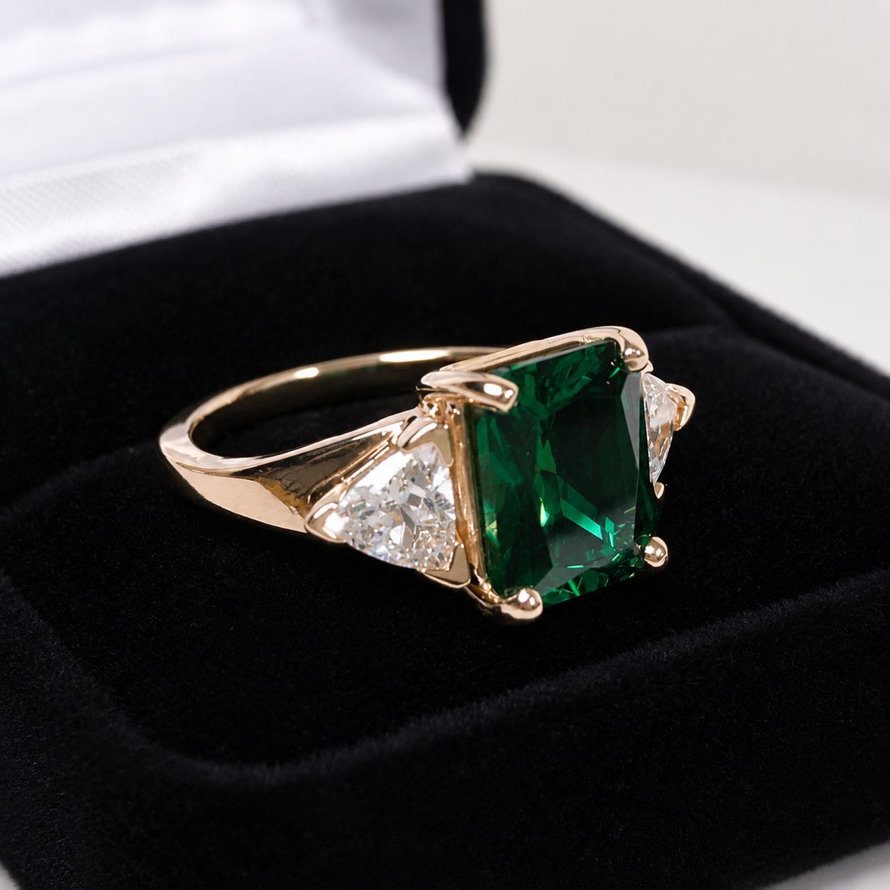 4.5CTW Emerald Cut Emerald Ring | Trillion White Sapphire Three Stone Ring