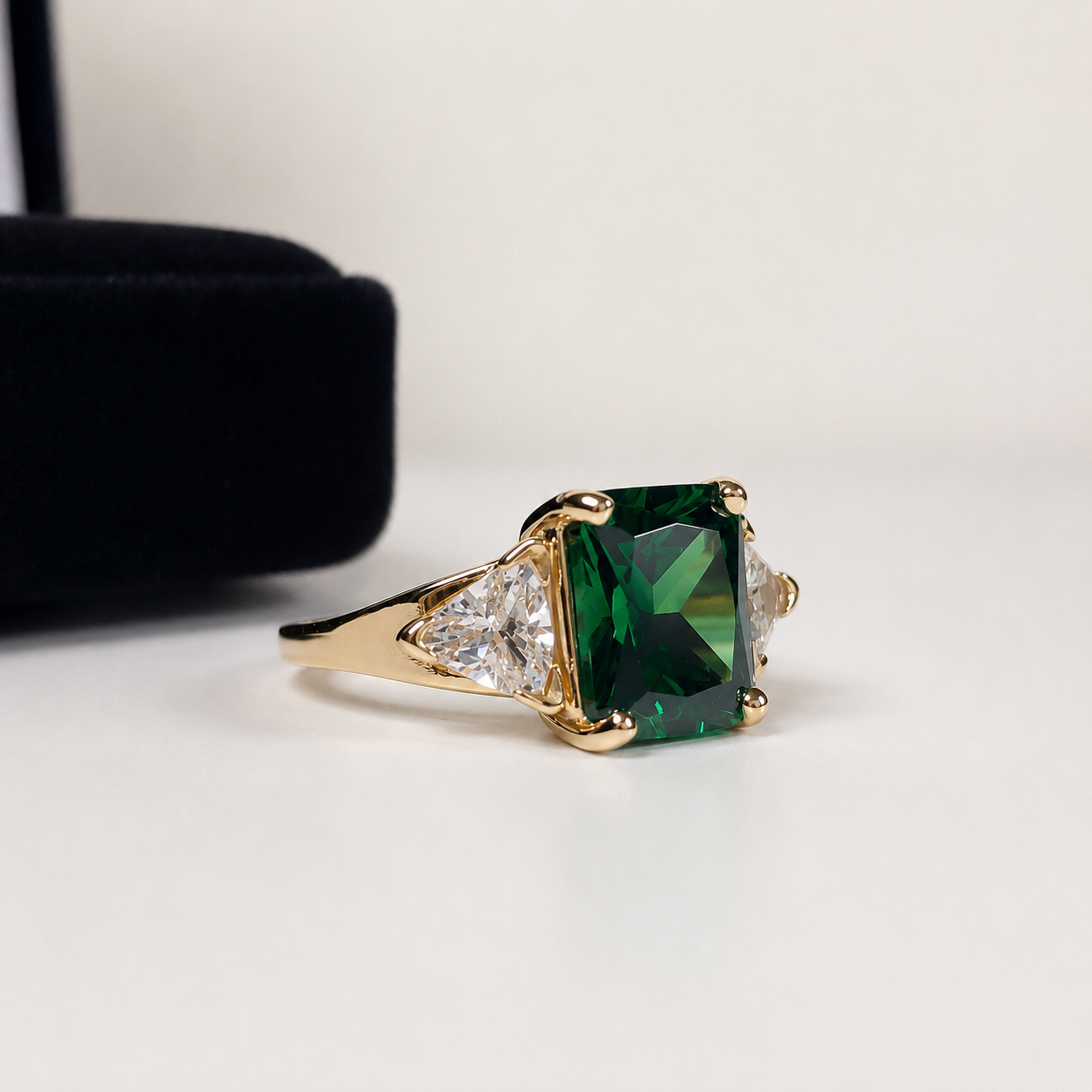 4.5CTW Emerald Cut Emerald Ring | Trillion White Sapphire Three Stone Ring