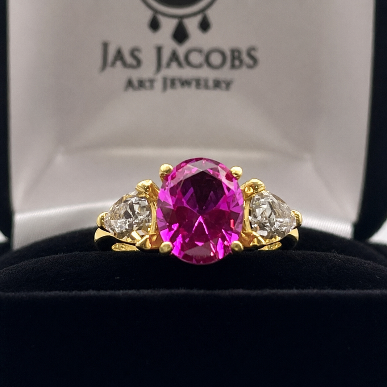 4ctw Bright Pink Sapphire Ring | White Sapphire Trillions | Three-Stone