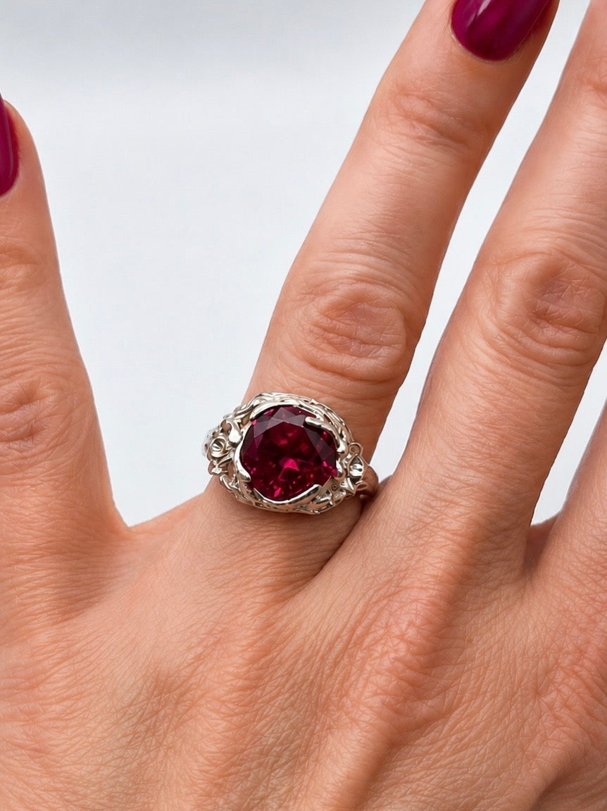 4ct Ruby Floral Ring in Sterling Silver | Sculptural Floral Botanical Statement Ring | Nature Inspired Ruby Jewelry