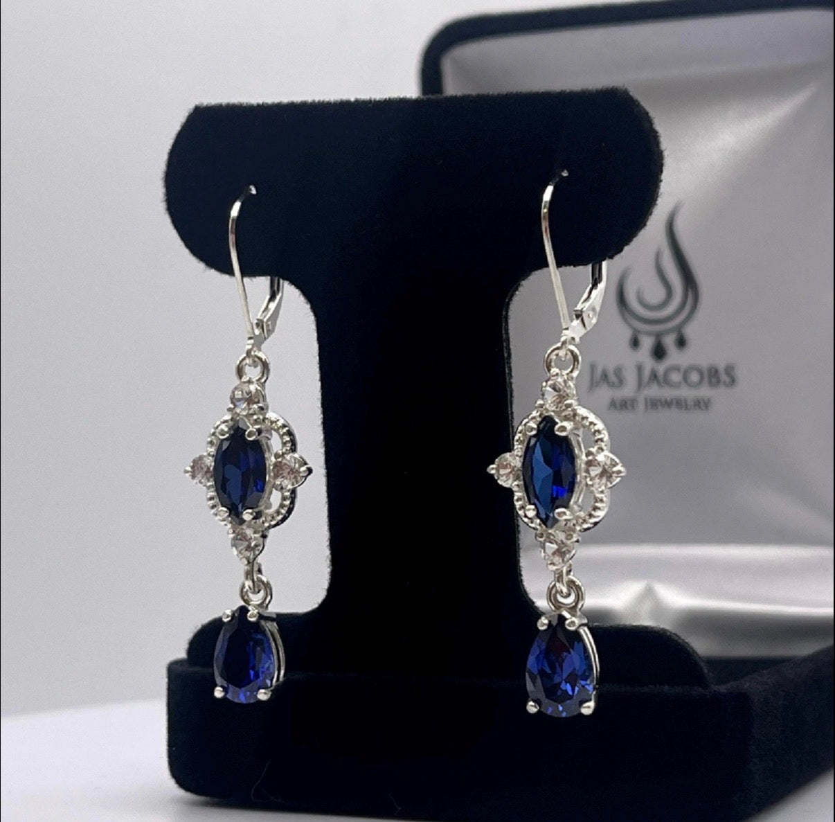 Vintage Inspired 6.7ctw Blue Sapphire Drop Earrings with White Sapphire Accents