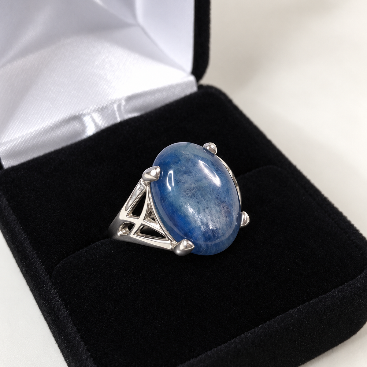12ct Natural Blue Kyanite Ring – Oval Cabochon with Geometric Openwork Band