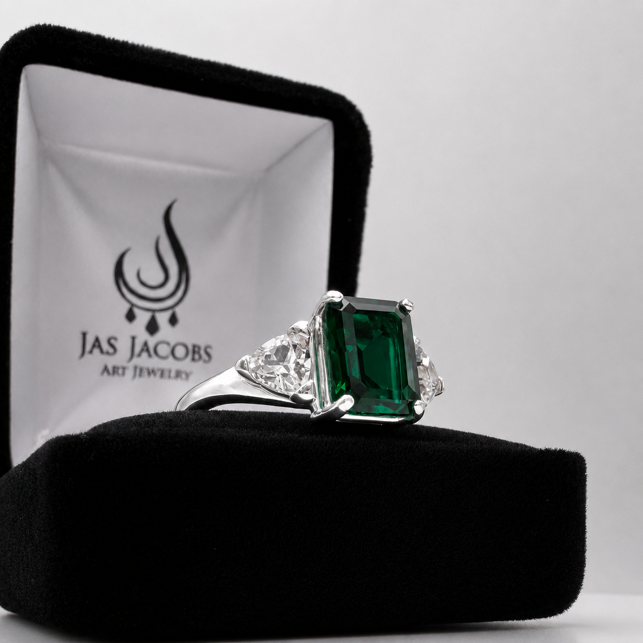 4.5CTW Emerald Cut Lab Emerald Ring | Trillion White Sapphire Three Stone Ring