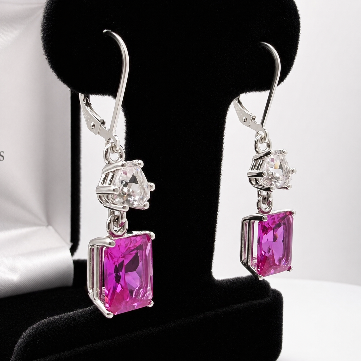 9ctw Emerald Cut Pink Sapphire & White Sapphire Dangle Earrings