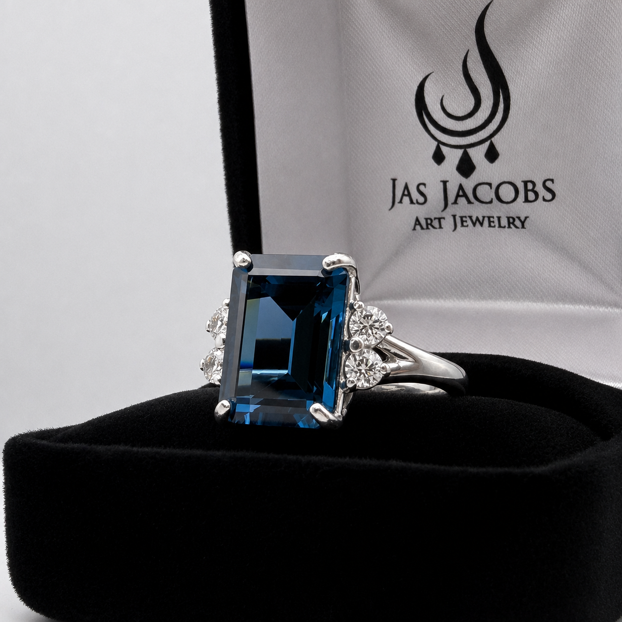 7ct Emerald Cut London Blue Spinel and White Topaz Ring | Split Shank Cathedral Ring | 10k or 14k Gold