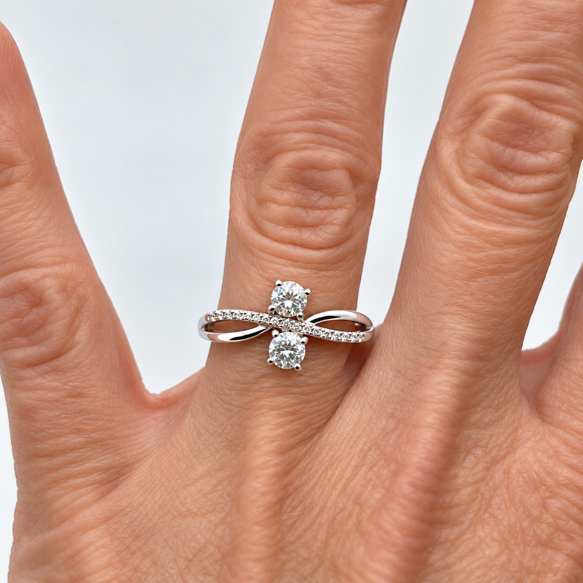 White Sapphire Two Stone Bypass Ring with Pavé Twist