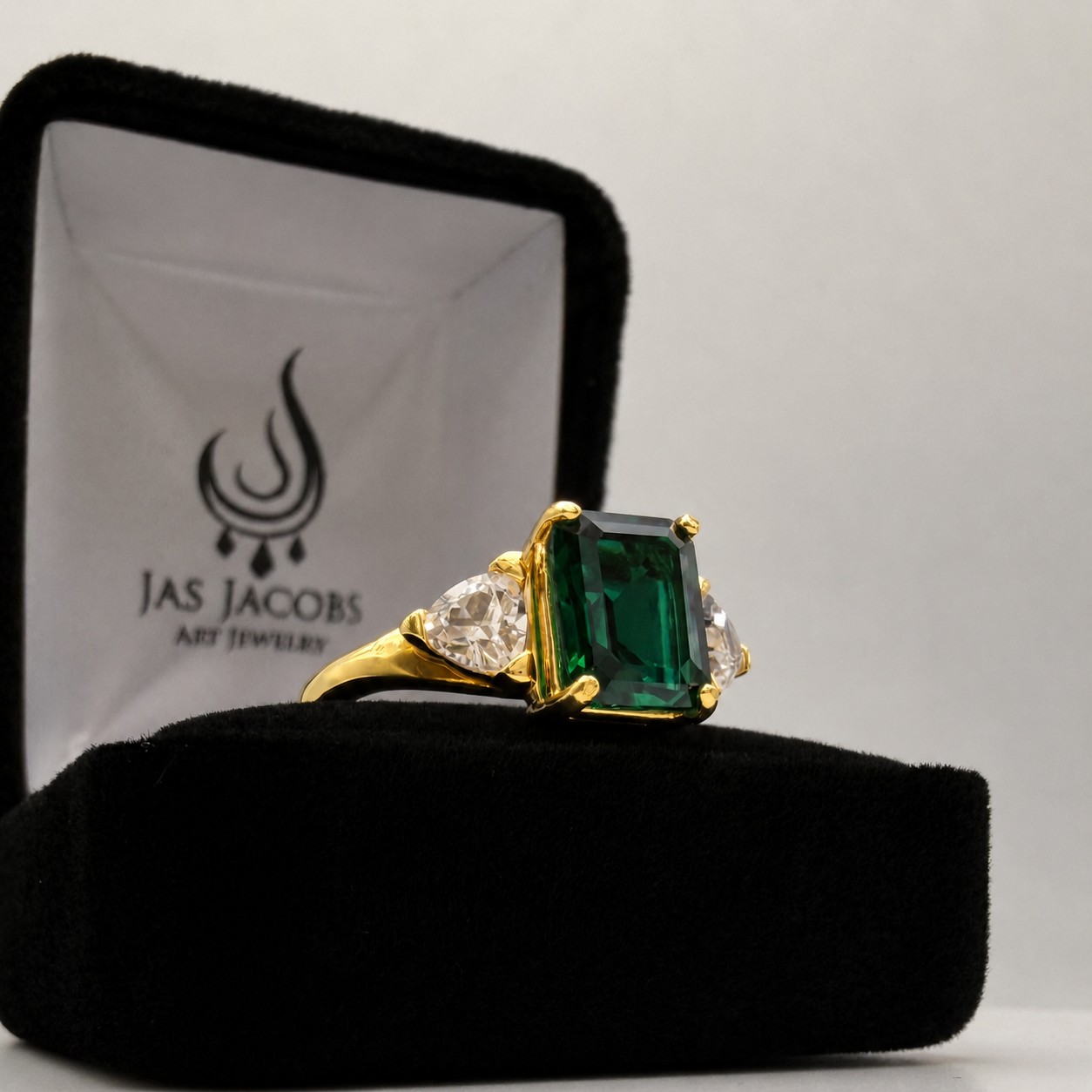 4.5CTW Emerald Cut Lab Emerald Ring | Trillion White Sapphire Three Stone Ring