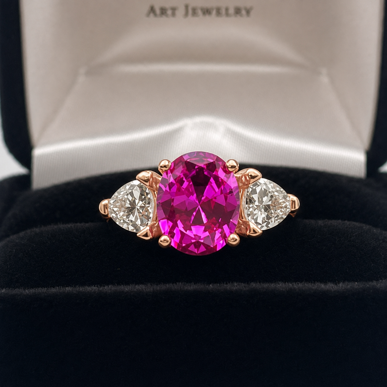 4ctw Bright Pink Sapphire Ring | White Sapphire Trillions | Three-Stone