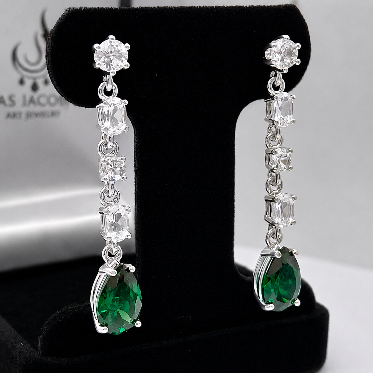 Emerald & White Sapphire Earrings | 11CTW Multi Cut Dangle Earrings | Statement Gemstone Earrings