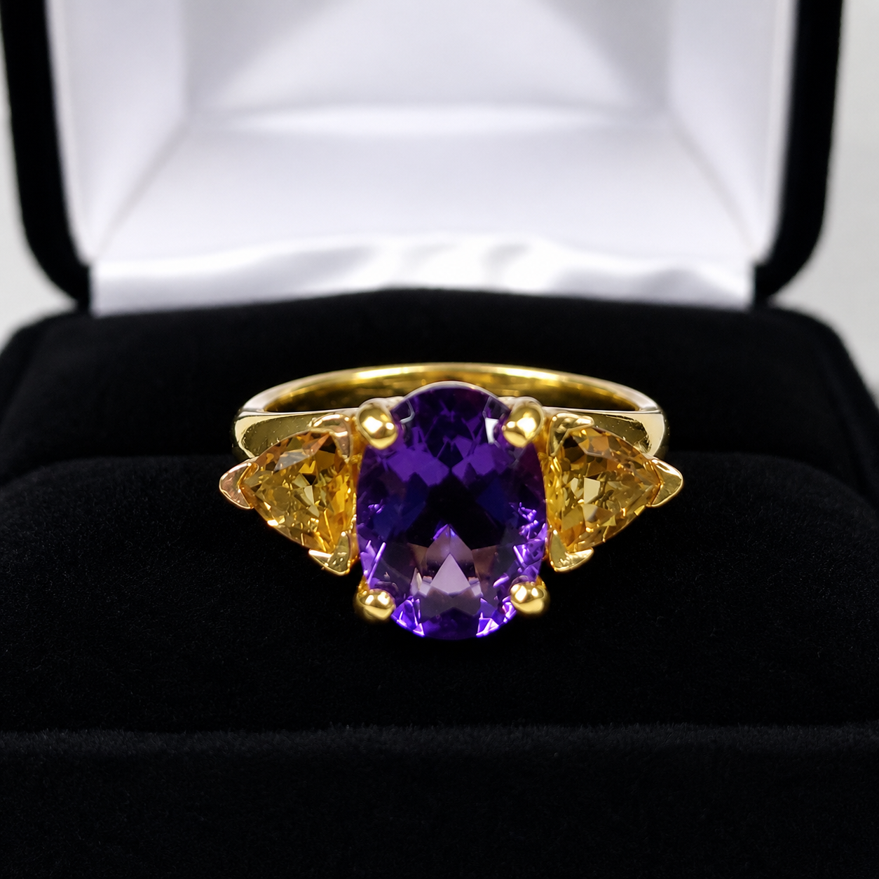 4CTW Oval Cut Amethyst Ring | Trillion Cut Citrine Three Stone Ring | Mardi Gras Ring
