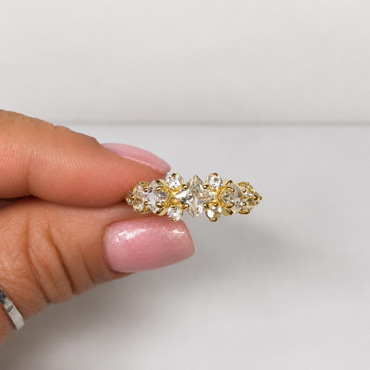 Art Deco Inspired Princess Cut White Sapphire and Diamond Three Stone Ring