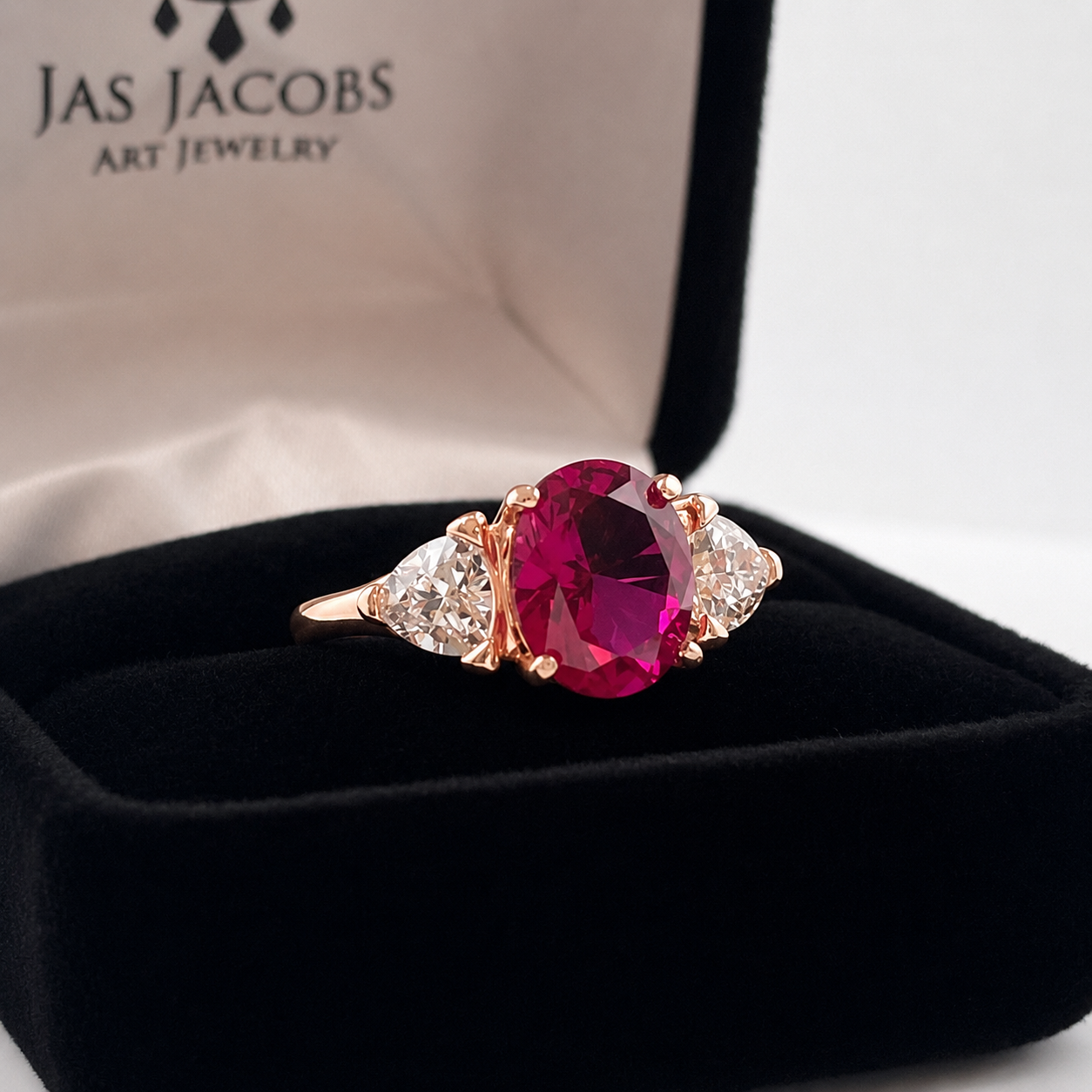 4.5ctw Oval Cut Ruby & Trillion Cut White Sapphire Three Stone Ring