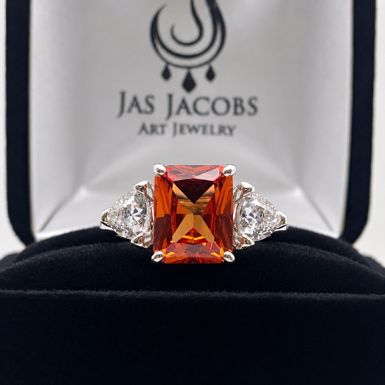 5.5ct Emerald Cut Padparadscha Sapphire Ring | Trillion Cut White Sapphire Three Stone Ring