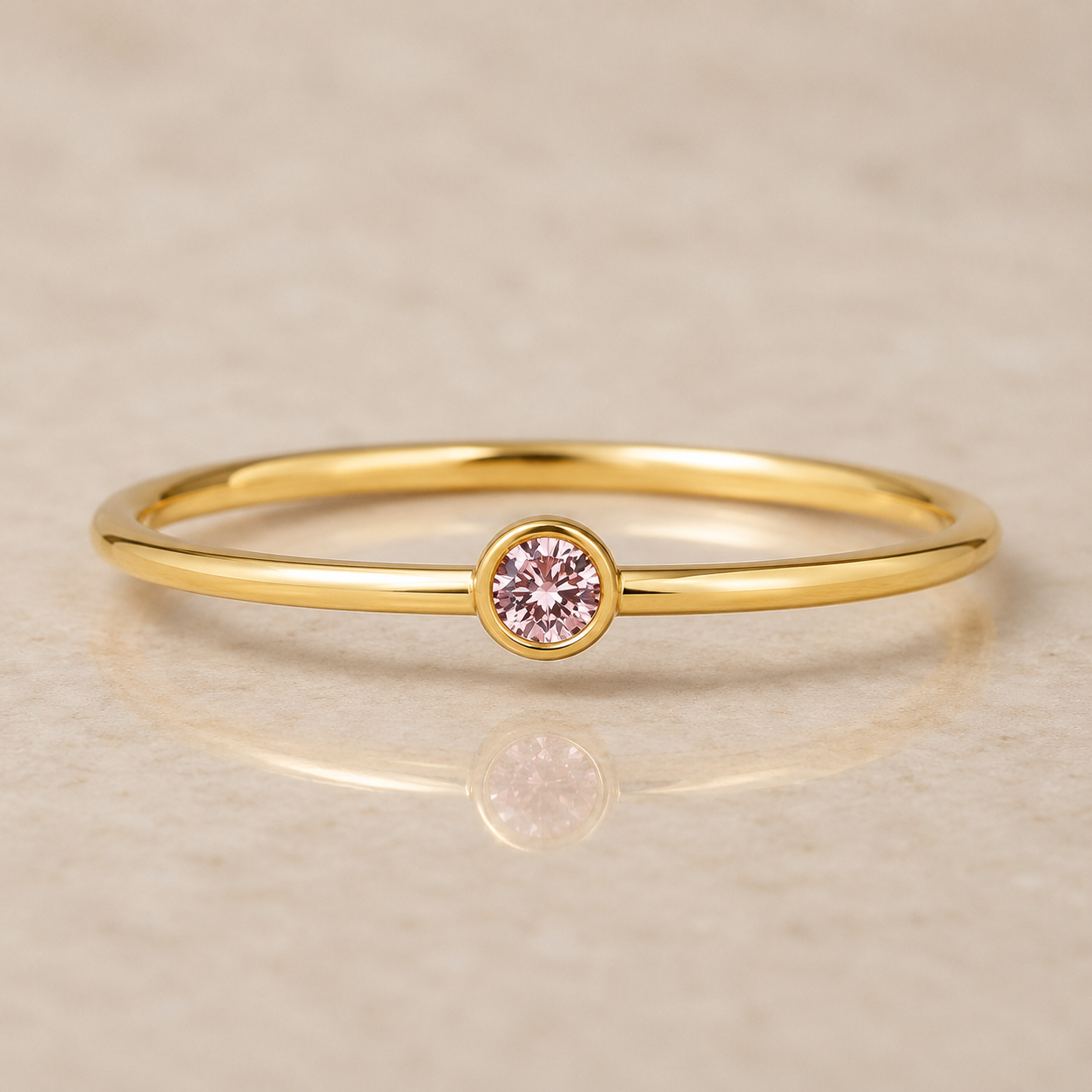 14K Yellow Gold Filled Pink Cubic Zirconia Ring | Dainty Bezel Set Stackable Ring | Minimalist Pink Birthstone Jewelry