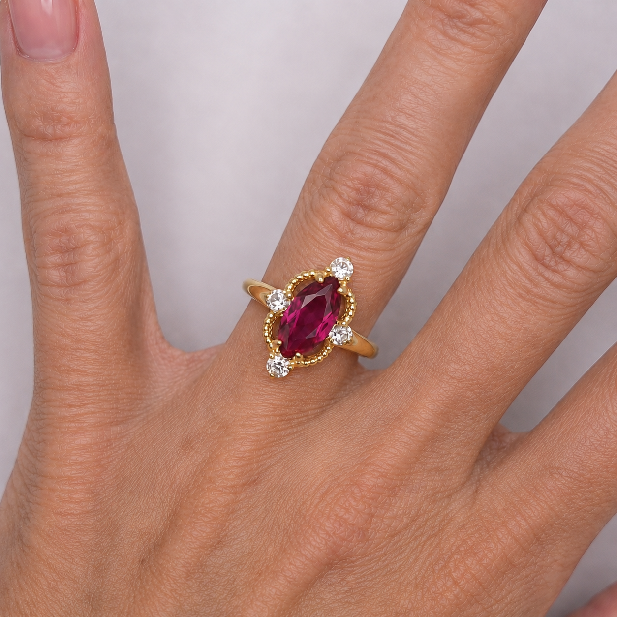 2.4ct Marquise Cut Ruby Ring with Diamond Accents | Vintage Inspired Sculptural Design