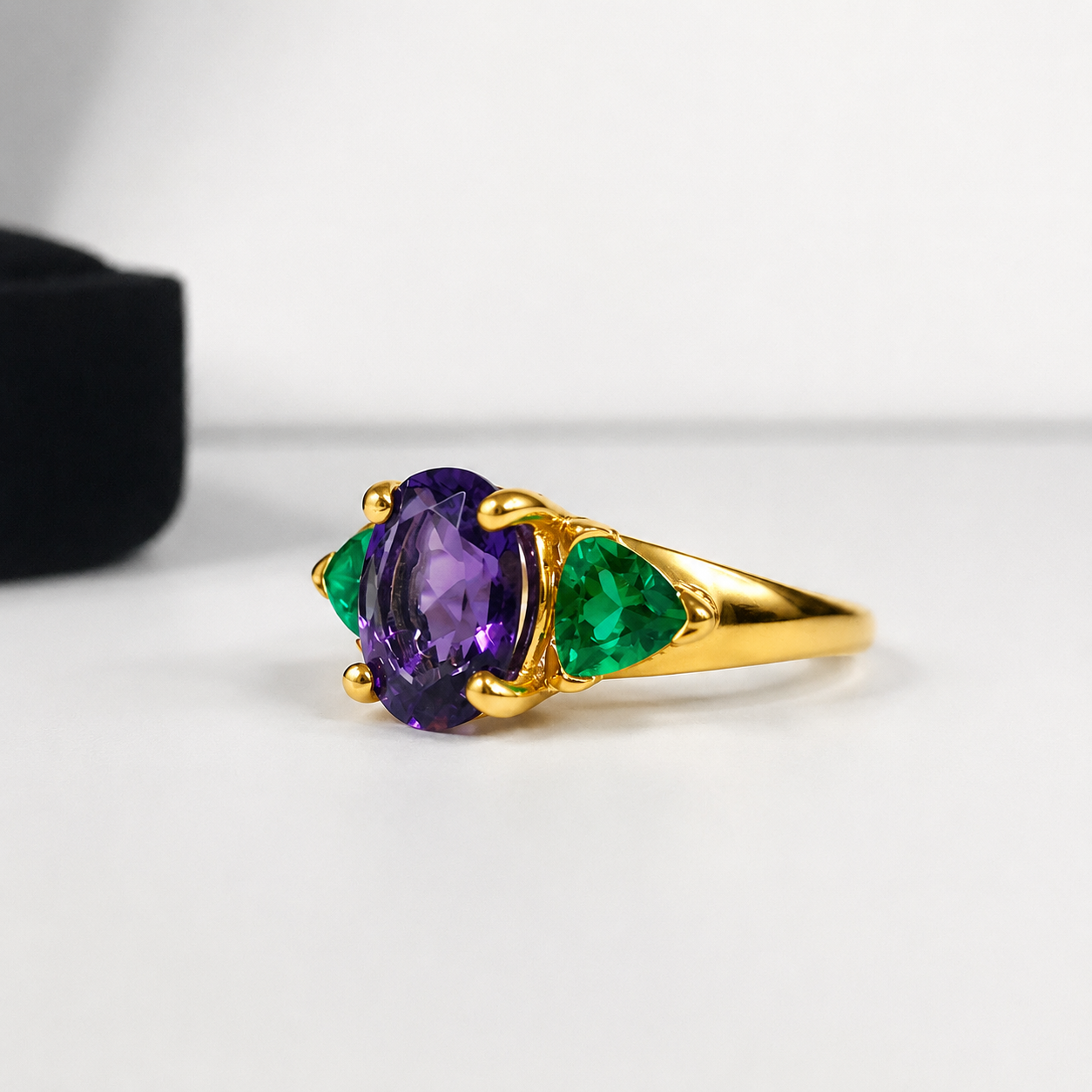 4CTW Oval Cut Amethyst & Trillion Cut Emerald Ring | Mardi Gras Ring