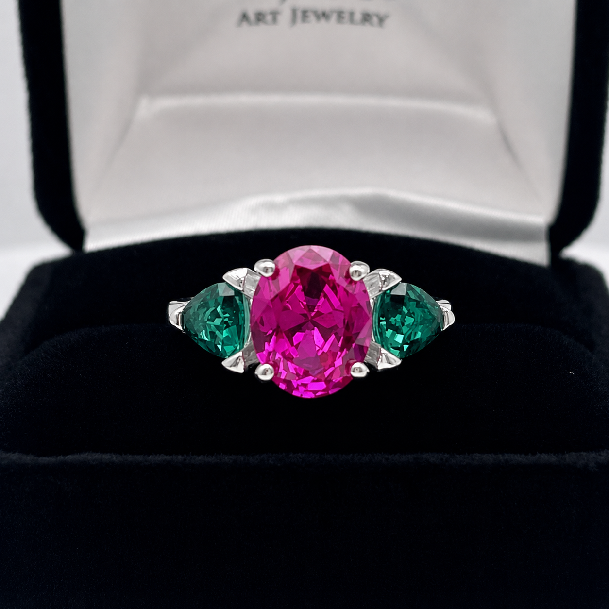 Watermelon Ring | 5CTW Oval Pink Sapphire Ring | Trillion Green Tourmaline Three Stone Ring