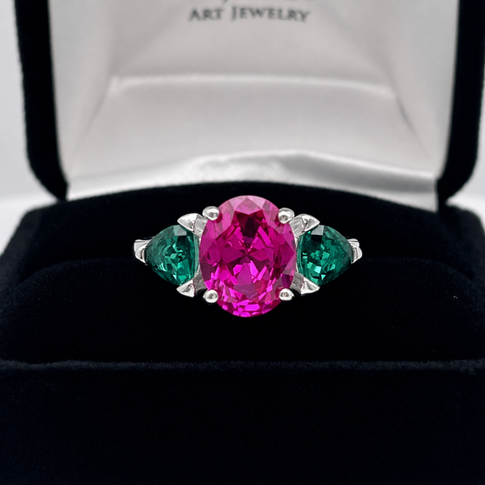 Watermelon Ring | 5CTW Oval Pink Sapphire Ring | Trillion Green Tourmaline Three Stone Ring