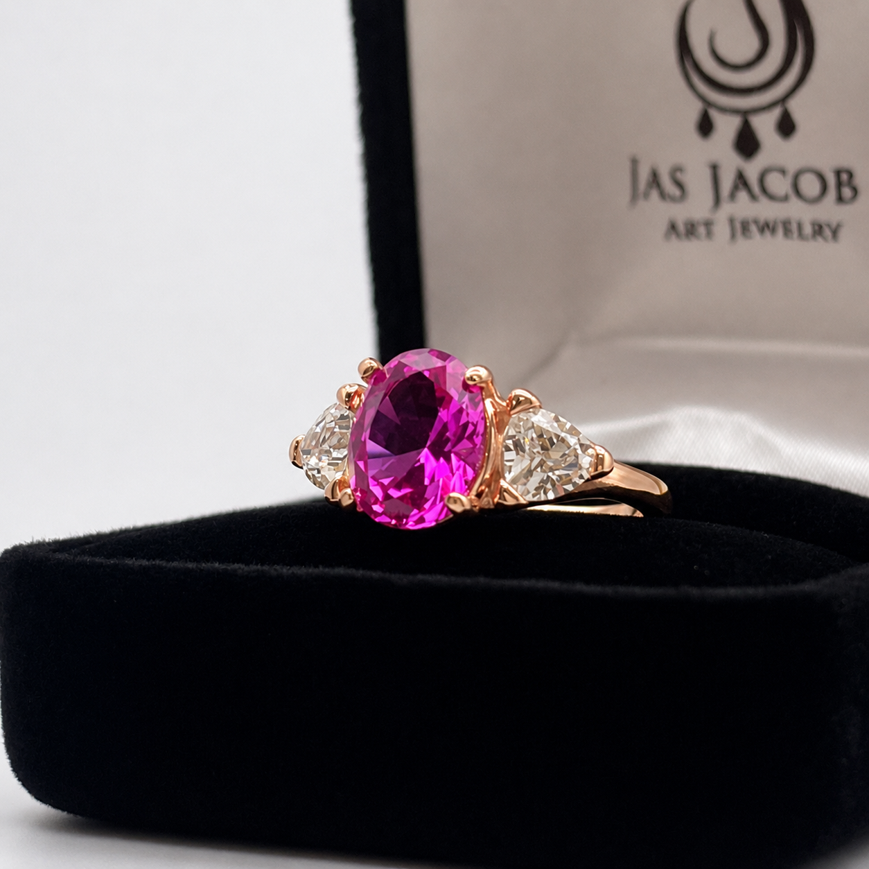 4ctw Bright Pink Sapphire Ring | White Sapphire Trillions | Three-Stone