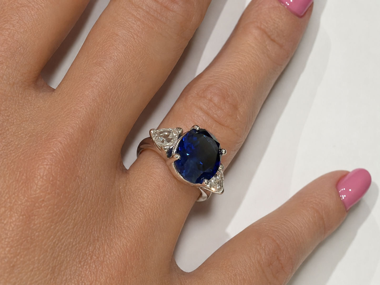 6ctw Oval Cut Blue Sapphire Three Stone Ring | Trillion Cut White Sapphires