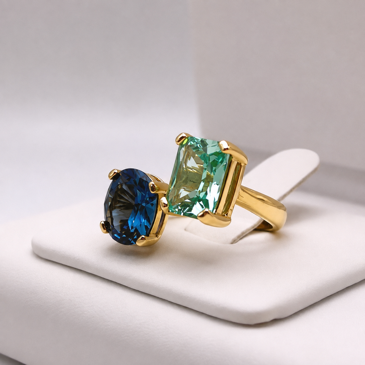 6.5ctw London Blue & Mint Green Spinel Ring | Toi et Moi Ring | Open Adjustable Design