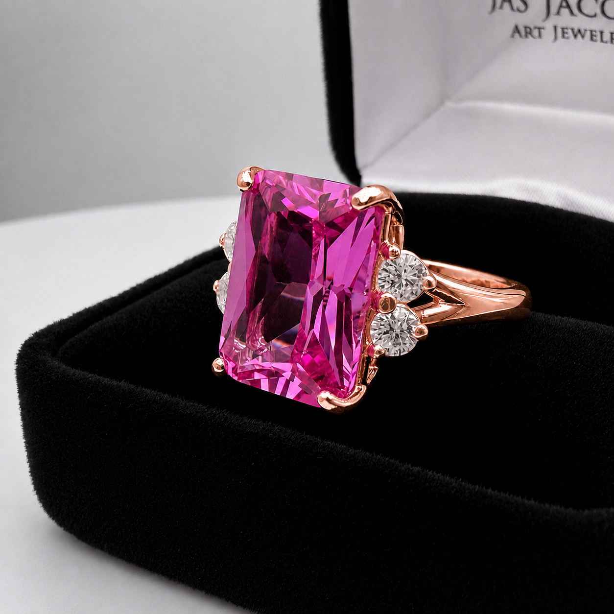 8ct Emerald Cut Pink Sapphire Ring with Diamond Accents | Available in 10k & 14k Gold or Sterling Silver