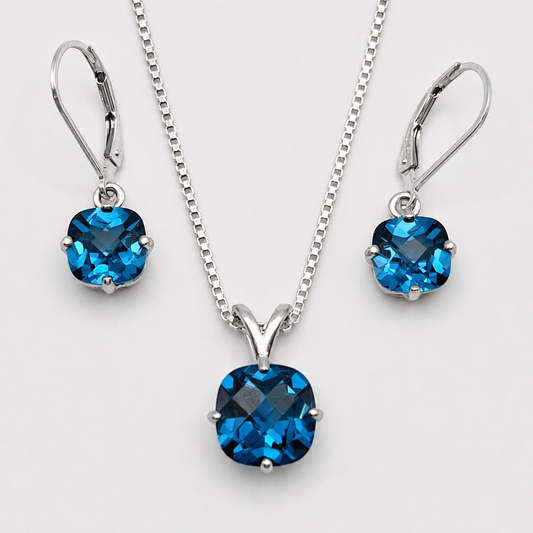 8ctw Cushion Cut London Blue Spinel Necklace and Earrings Set