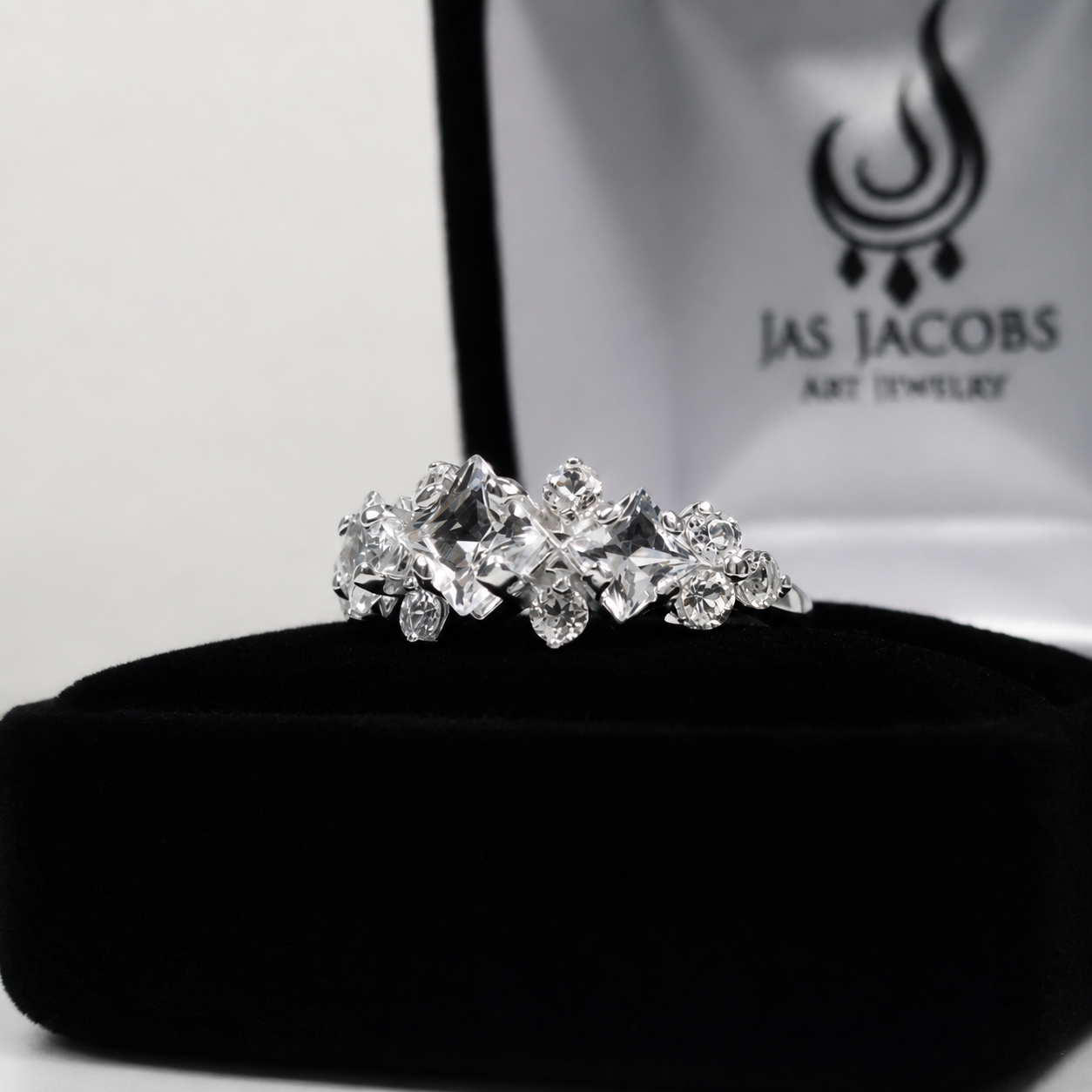 Art Deco Inspired Princess Cut White Sapphire and Diamond Three Stone Ring