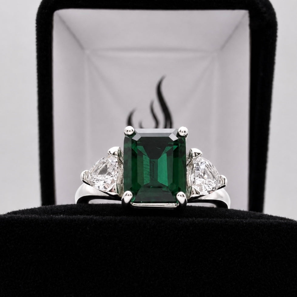 4.5CTW Emerald Cut Lab Emerald Ring | Trillion White Sapphire Three Stone Ring