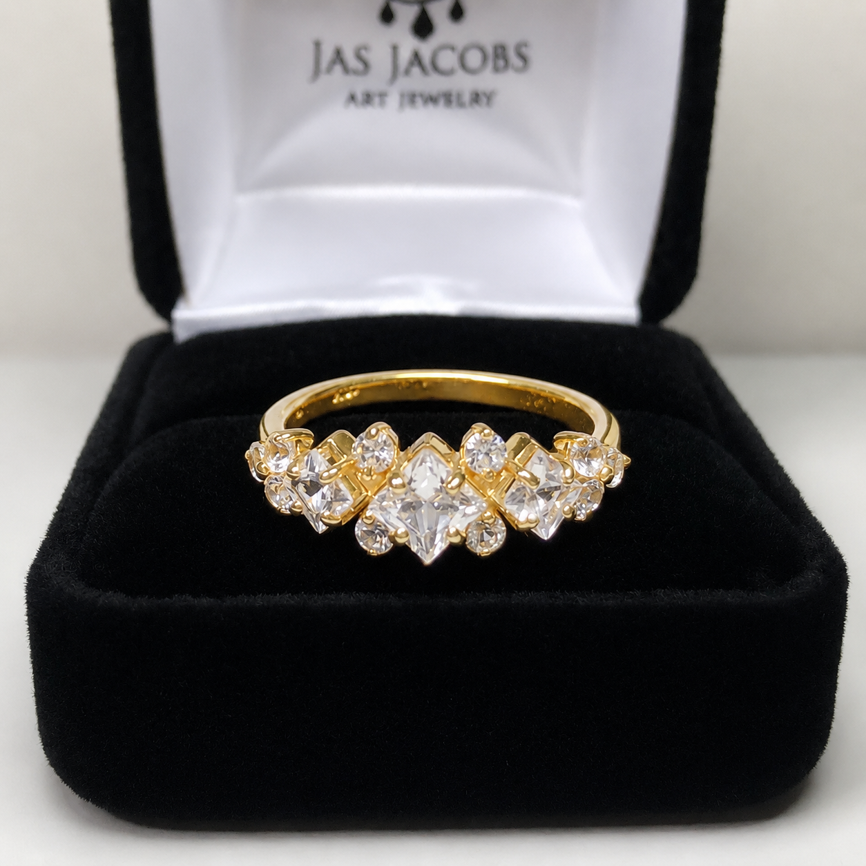 Art Deco Inspired Princess Cut White Sapphire and Diamond Three Stone Ring