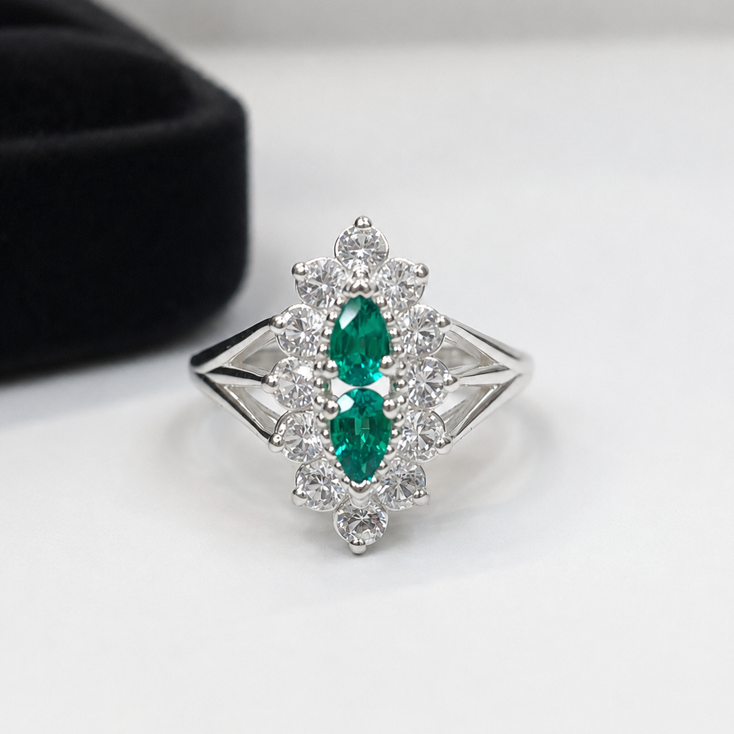 Vintage Style Double Pear Emerald Cluster Ring