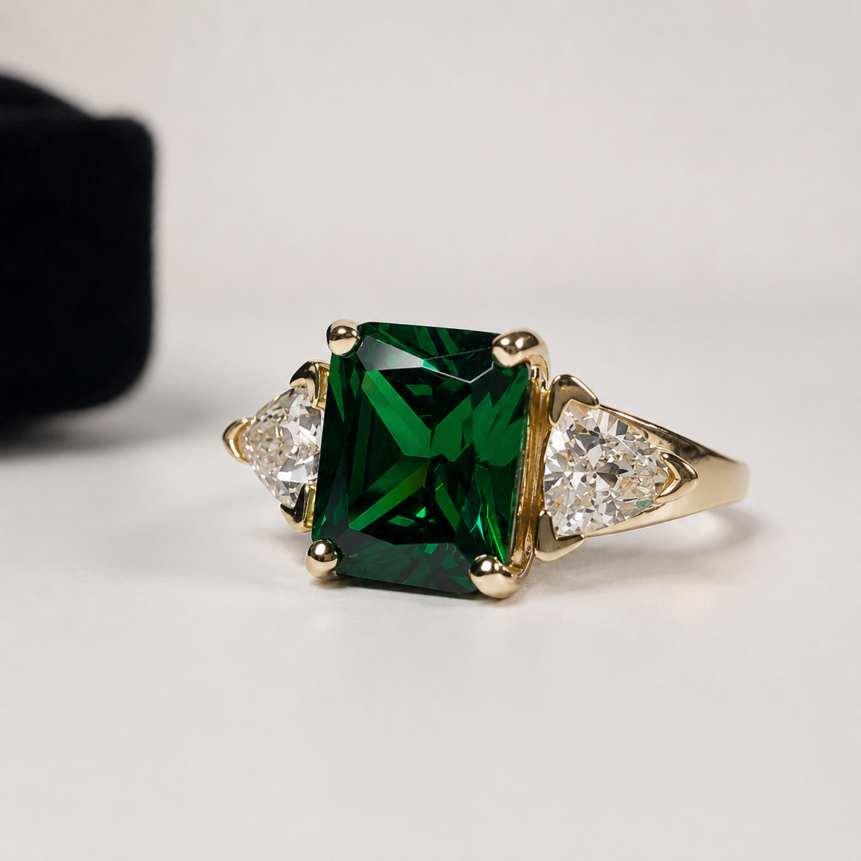 4.5CTW Emerald Cut Emerald Ring | Trillion White Sapphire Three Stone Ring