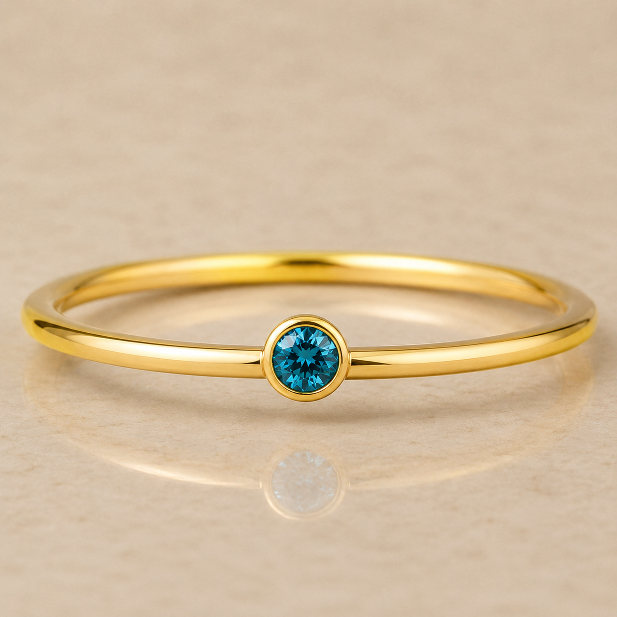 14K Yellow Gold Filled 2mm Aqua Blue Topaz Inspired Cubic Zirconia Ring | Water Resistant Bezel Set Stackable Ring