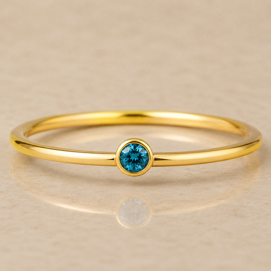 14K Yellow Gold Filled 2mm Aqua Blue Topaz Inspired Cubic Zirconia Ring | Water Resistant Bezel Set Stackable Ring
