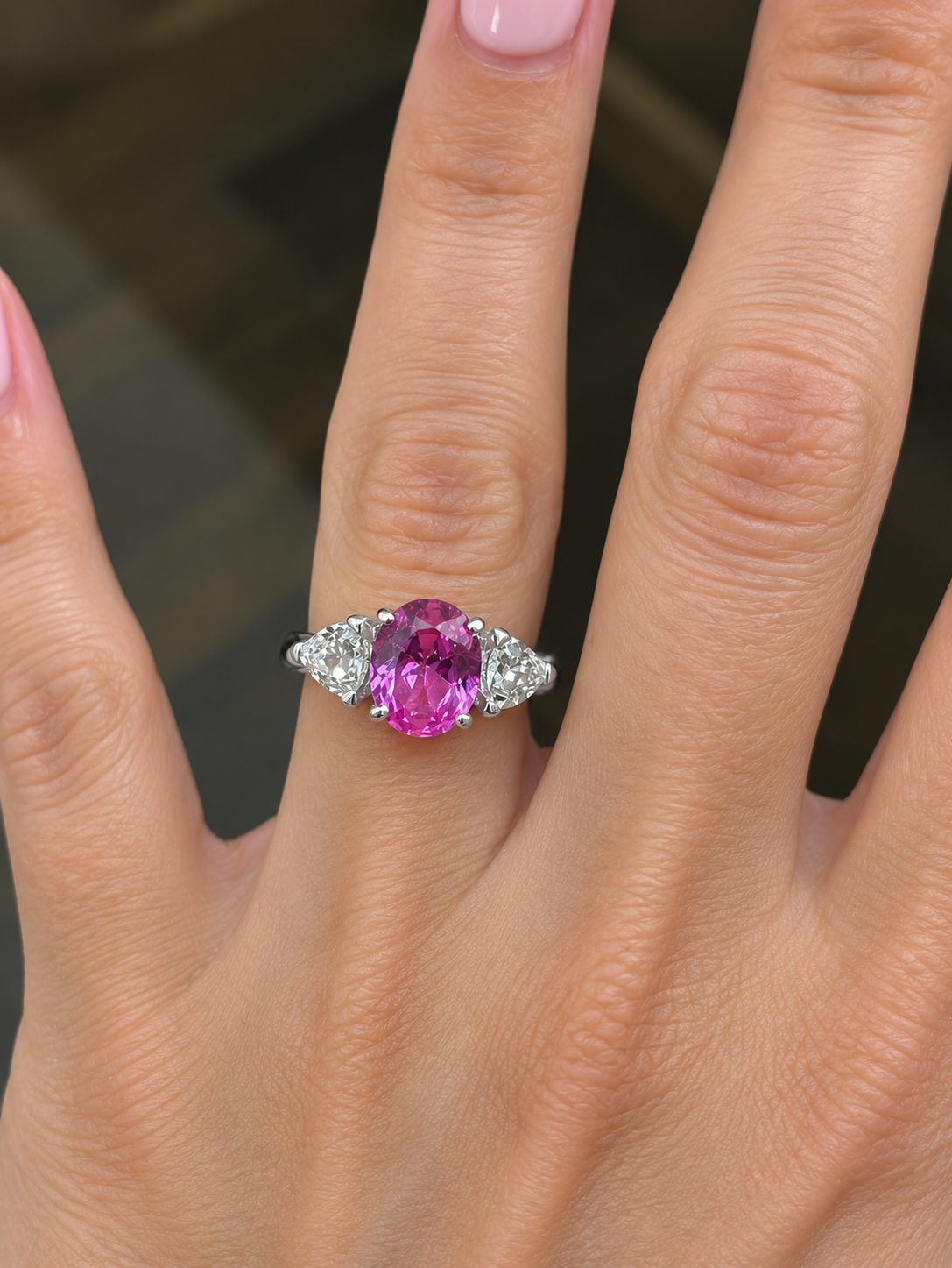 Vivid Pink Sapphire & White Sapphire Three-Stone Ring